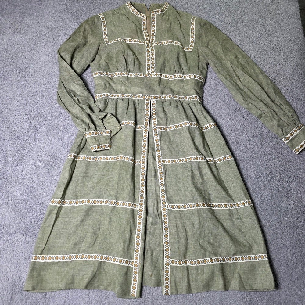 Handmade Womens Small Prairie Dress Green Vintage 70s Ribbon Trim Midi Folk